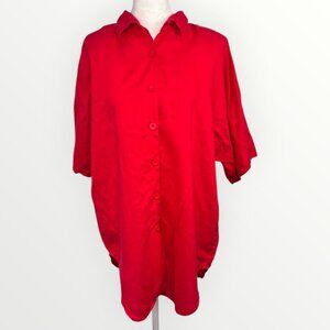 Vintage Red Rayon Short Sleeve Button Up Blouse Size Large